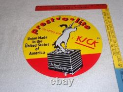 Vintage 1949 Prest-o-lite Battery Donkey 11 3/4 Porcelain Metal Gasoline Sign