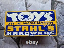 Vintage 1950's Toys Porcelain Sign Stahl's Hardware 10×5