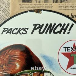 Vintage 1951 Texaco Packs Punch Oil Company 12 Inch Porcelain Enamel Sign