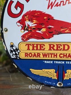 Vintage 1952 Gilmore Red Lion Porcelain Enamel Gas Pump Sign Winner 12