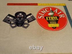 Vintage 1952 Sinclair Ethyl Gasoline Dino Porcelain Skull Cross Bones Metal Sign