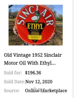 Vintage 1952 Sinclair Ethyl Gasoline Dino Porcelain Skull Cross Bones Metal Sign