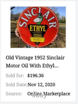 Vintage 1952 Sinclair Ethyl Gasoline + Dinosaur 11 3/4 Porcelain Metal Oil Sign