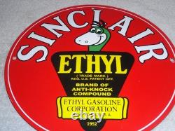 Vintage 1952 Sinclair Ethyl Gasoline + Dinosaur 11 3/4 Porcelain Metal Oil Sign