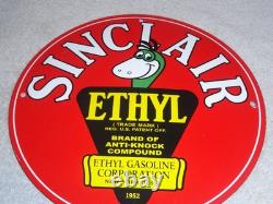 Vintage 1952 Sinclair Ethyl Gasoline + Dinosaur 11 3/4 Porcelain Metal Oil Sign