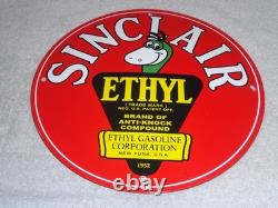 Vintage 1952 Sinclair Ethyl Gasoline + Dinosaur 11 3/4 Porcelain Metal Oil Sign