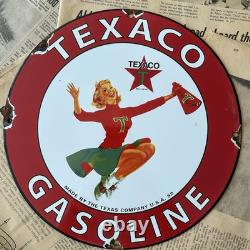 Vintage 1952 Texaco Gasoline Cheerleader 12 Inch Porcelain Enamel Sign