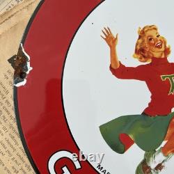 Vintage 1952 Texaco Gasoline Cheerleader 12 Inch Porcelain Enamel Sign