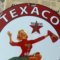 Vintage 1952 Texaco Gasoline Cheerleader 12 Inch Porcelain Enamel Sign