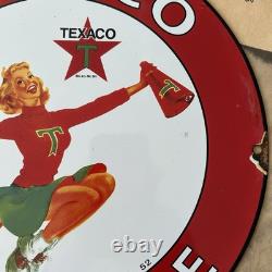 Vintage 1952 Texaco Gasoline Cheerleader 12 Inch Porcelain Enamel Sign