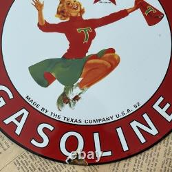 Vintage 1952 Texaco Gasoline Cheerleader 12 Inch Porcelain Enamel Sign
