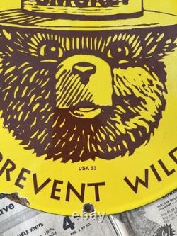 Vintage 1953 Smokey The Bear Forest Fire Wildfire 12 Inch Porcelain Enamel Sign