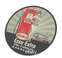 Vintage 1955 Humble Esso Extra Gasoline Porcelain Enamel Gas & Oil Garage Sign