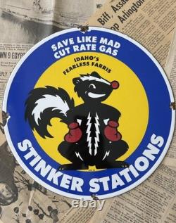 Vintage 1955 Stinker Station Skunk Fearless Fariss 12 Inch Porcelain Enamel Sign