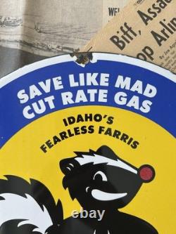 Vintage 1955 Stinker Station Skunk Fearless Fariss 12 Inch Porcelain Enamel Sign