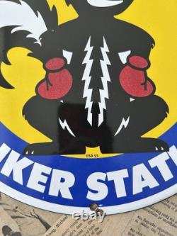 Vintage 1955 Stinker Station Skunk Fearless Fariss 12 Inch Porcelain Enamel Sign