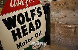 Vintage 1955 WOLF'S HEAD Motor Oil Painted Double Sided FLANGE Sign Wolverine Co