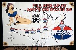 Vintage 1956 Dated Amy's Amoco Gasoline Route 66 Porcelain Gas Oil Sign
