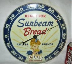 Vintage 1957 USA Sunbeam Bread Girl Art Advertising Thermometer Sign Pam Clock