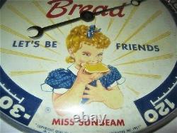 Vintage 1957 USA Sunbeam Bread Girl Art Advertising Thermometer Sign Pam Clock