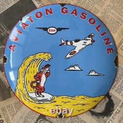 Vintage 1958 Esso Aviation Gasoline 12 Inch Convex Porcelain Enamel Sign