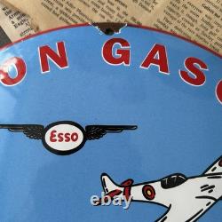 Vintage 1958 Esso Aviation Gasoline 12 Inch Convex Porcelain Enamel Sign
