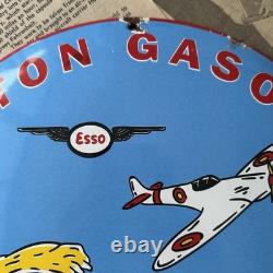 Vintage 1958 Esso Aviation Gasoline 12 Inch Convex Porcelain Enamel Sign