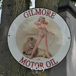 Vintage 1958 Gilmore Motor Oil''Roar With Gilmore'' Porcelain Gas & Oil Sign