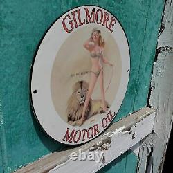 Vintage 1958 Gilmore Motor Oil''Roar With Gilmore'' Porcelain Gas & Oil Sign