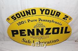 Vintage 1958 Pennzoil Sound Your Z Motor Oil Gas Station 2 Sided Metal Sign