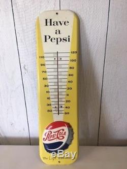Vintage 1959 Embossed Tin Pepsi Cola Thermometer Sign Works, Great Condition