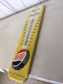 Vintage 1959 Embossed Tin Pepsi Cola Thermometer Sign Works, Great Condition
