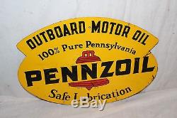 Vintage 1960 Pennzoil Outboard Boat Motor Oil Gas Station 2 Sided Metal Sign