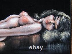 Vintage 1960s Black Velvet Nude Artwork Beauty Artist Signed Lying Pose Retro