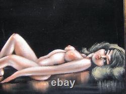 Vintage 1960s Black Velvet Nude Artwork Beauty Artist Signed Lying Pose Retro