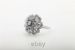 Vintage 1960s Signed. 50ct Blue Sapphire Diamond FLOWER 14k White Gold Ring