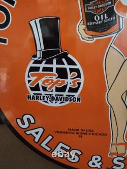 Vintage 1961 Dated Top's Harley-davidson Sales Service Porcelain Gas Oil Sign