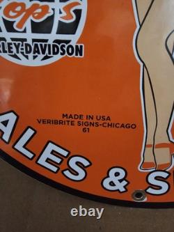 Vintage 1961 Dated Top's Harley-davidson Sales Service Porcelain Gas Oil Sign