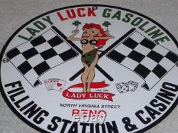 Vintage 1961 Lady Luck Woman Gasoline Station Casino 11 3/4 Porcelain Metal Sign