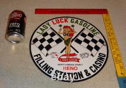 Vintage 1961 Lady Luck Woman Gasoline Station Casino 11 3/4 Porcelain Metal Sign
