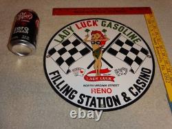 Vintage 1961 Lady Luck Woman Gasoline Station Casino 11 3/4 Porcelain Metal Sign