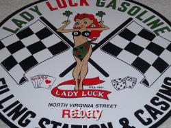 Vintage 1961 Lady Luck Woman Gasoline Station Casino 11 3/4 Porcelain Metal Sign