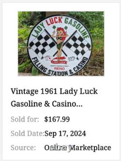 Vintage 1961 Lady Luck Woman Gasoline Station Casino 11 3/4 Porcelain Metal Sign