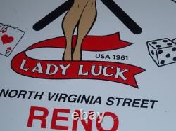 Vintage 1961 Lady Luck Woman Gasoline Station Casino 11 3/4 Porcelain Metal Sign