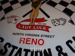 Vintage 1961 Lady Luck Woman Gasoline Station Casino 11 3/4 Porcelain Metal Sign