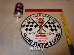 Vintage 1961 Lady Luck Woman Gasoline Station Casino 11 3/4 Porcelain Metal Sign