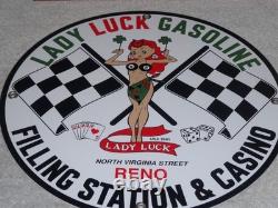Vintage 1961 Lady Luck Woman Gasoline Station Casino 11 3/4 Porcelain Metal Sign
