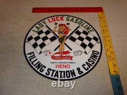 Vintage 1961 Lady Luck Woman Gasoline Station Casino 11 3/4 Porcelain Metal Sign
