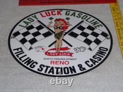 Vintage 1961 Lady Luck Woman Gasoline Station Casino 11 3/4 Porcelain Metal Sign