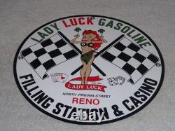 Vintage 1961 Lady Luck Woman Gasoline Station Casino 11 3/4 Porcelain Metal Sign